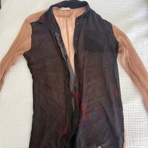 Dries Van Noten Black Sheer Button-Up Blouse with Peach Sleeves